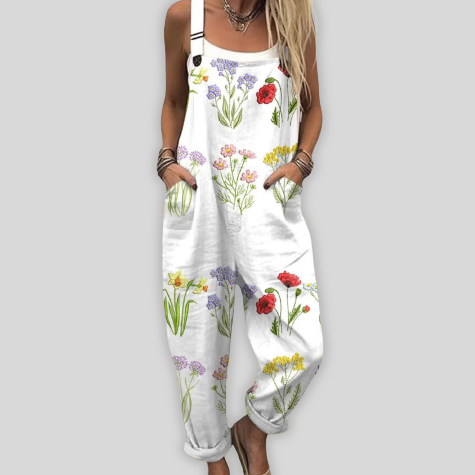 Zazalou™ - Elegant vit jumpsuit – blommönster